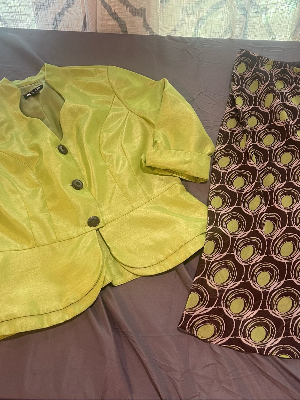 Dana Kay Lime Green Satin Peplum Blazer with Coordinating Patterned Skirt 3122